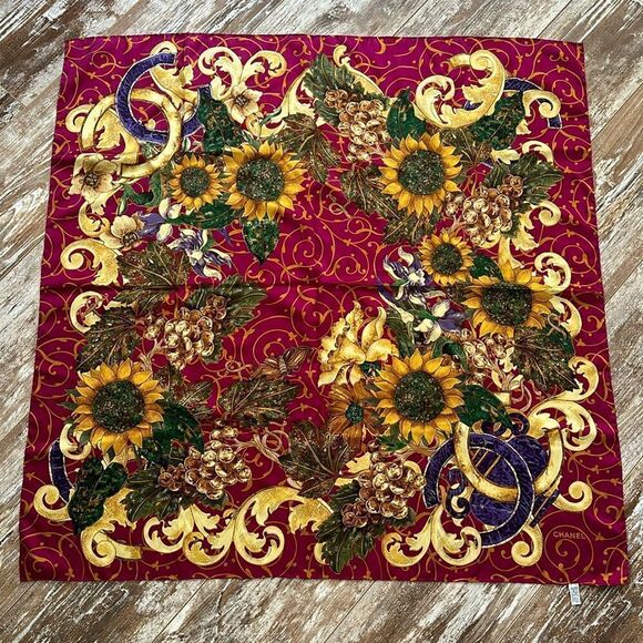 CHANEL Accessories - Vintage Silk Chanel scarf with sunflower detailing
